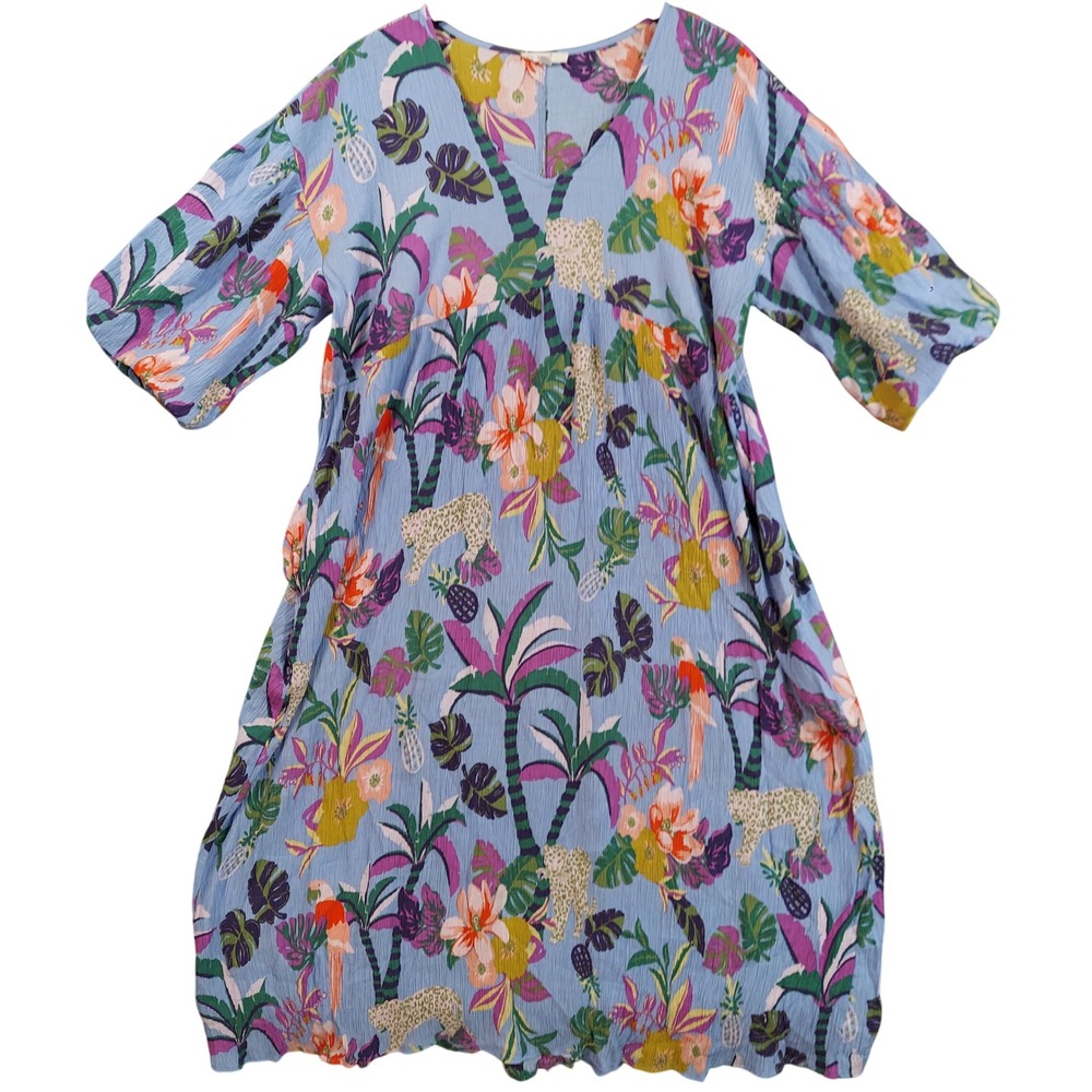 Easel Shift Dress Womens Large Blue Tropical Leopard Floral V-Neck Flowy Artsy